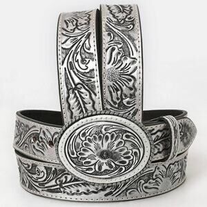 "Silver Sun" Hand-Tooled Silver Floral Western Leather Belt